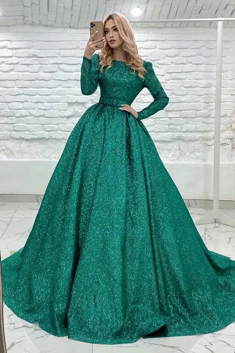 Bling Prom Dresses Sequined Glitters Full Sleeves with Belt Backless Ball Gowns Formal Party Women Special Occasion Gowns Green