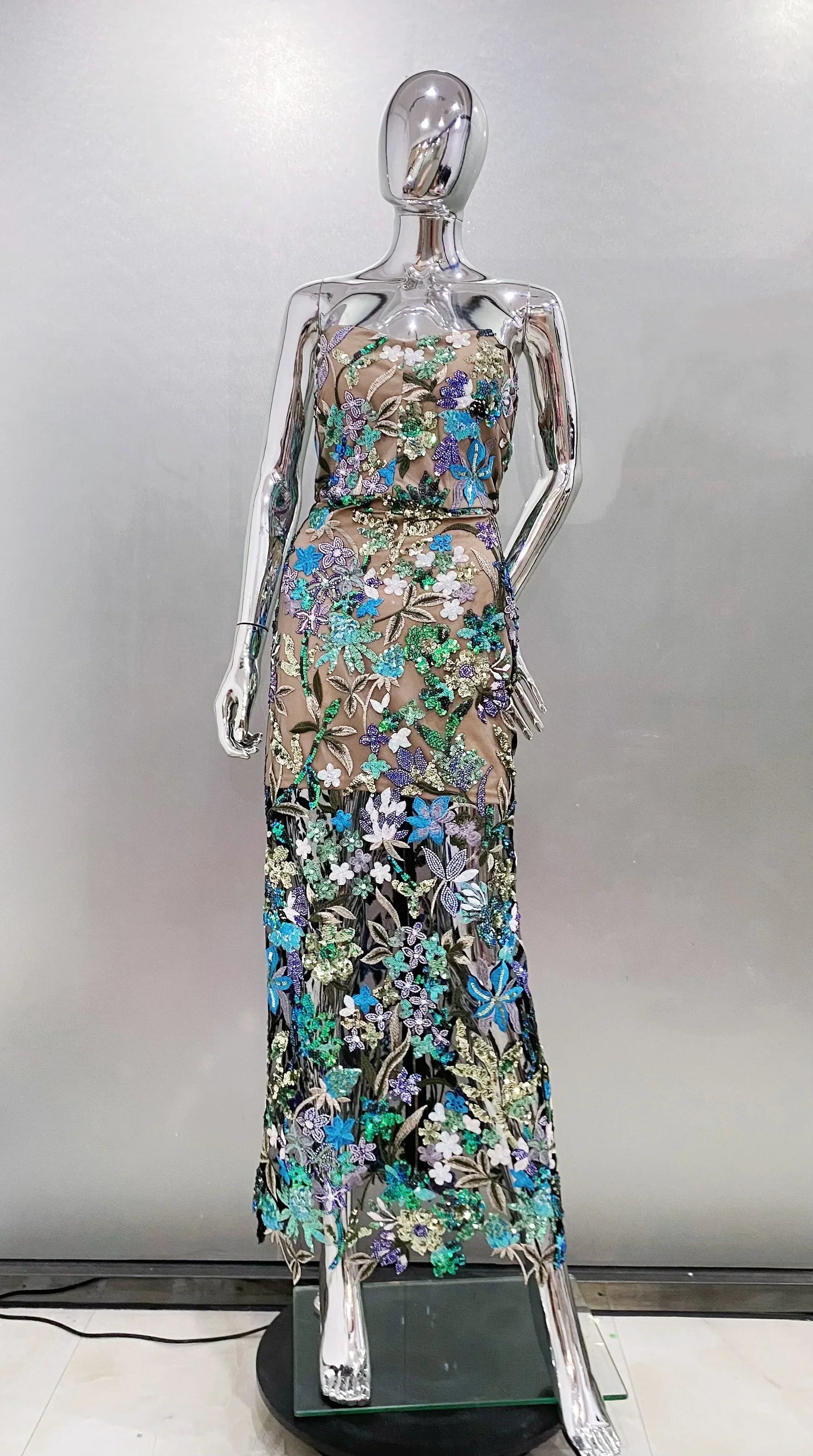 Sequin Flowers Embroidery Sexy Mesh See Through Strapless Ankle Length Dress Elegant Woman Evening Dress Celebrity Party Outfit green