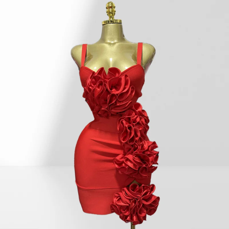 Summer Stereoscopic Flowers Sexy Hollow Out Spaghetti Red Bandage Mini Dress Sweet Woman Party Dress Birthday Party Vestido