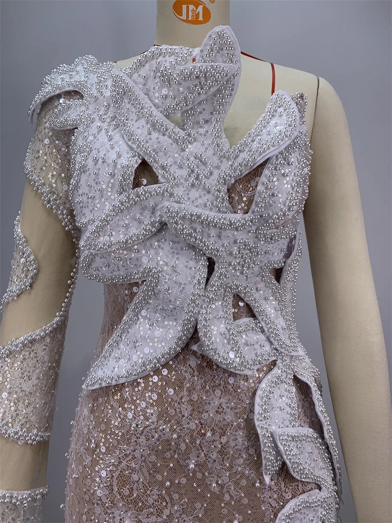 White Sequins Beading One Shoulder White Lace Long Dress Graceful Woman Wedding Party Dress Singer Performance costume