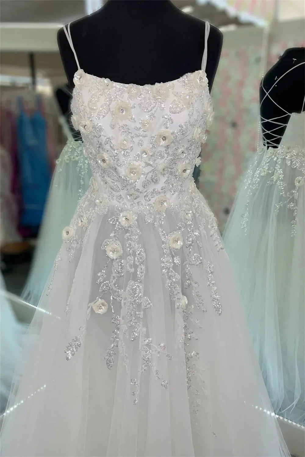 White Tulle Bead Prom Dresses Spaghetti Strap vestidos de noche Elegant Sleeveless Floor-Length A-line Formal Evening as pic