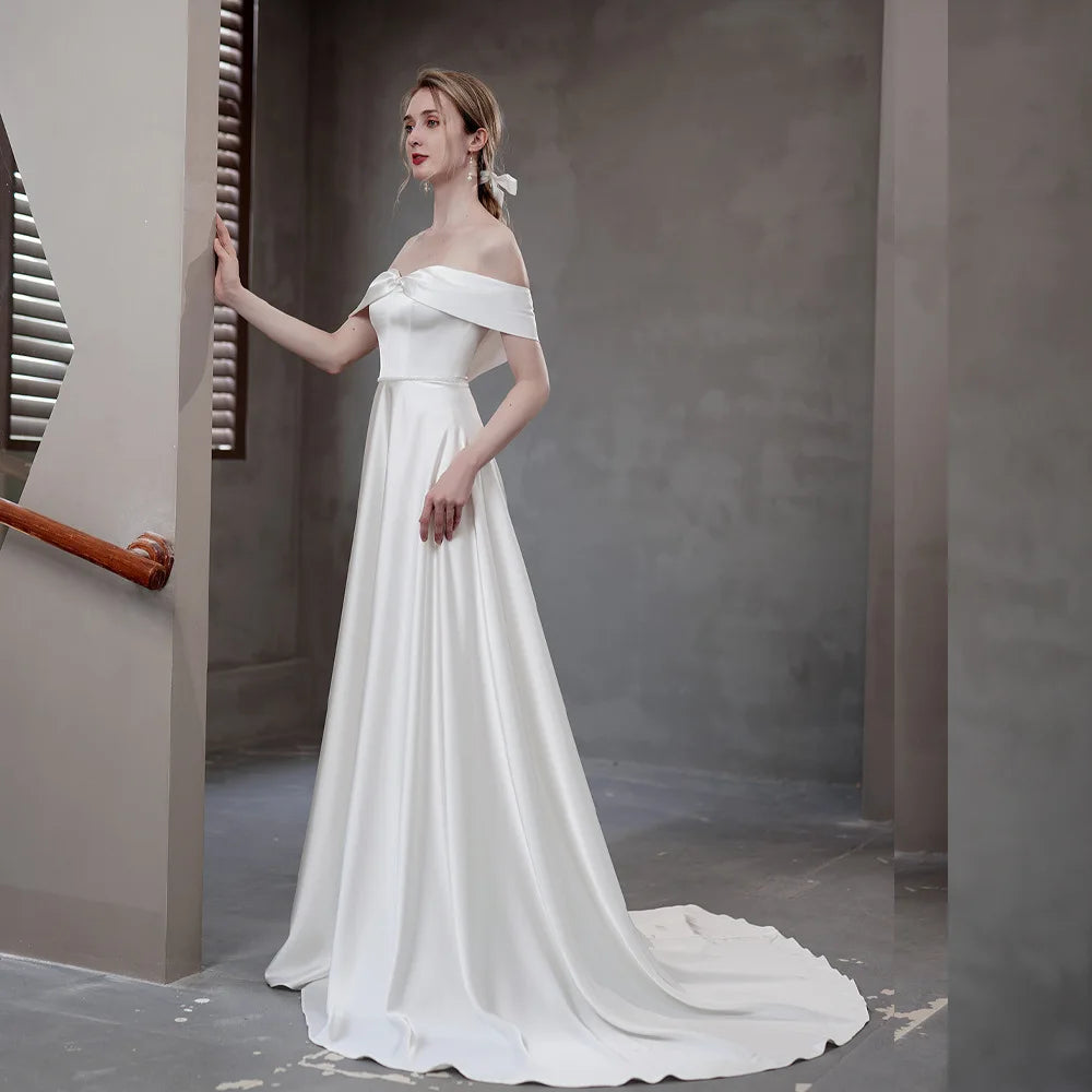 Robe longue de luxe en Satin blanc, col Slash, tenue de mariage traînante pour mariée, élégante, longue, pour bal de promo, soirée, Cocktail, pour femmes