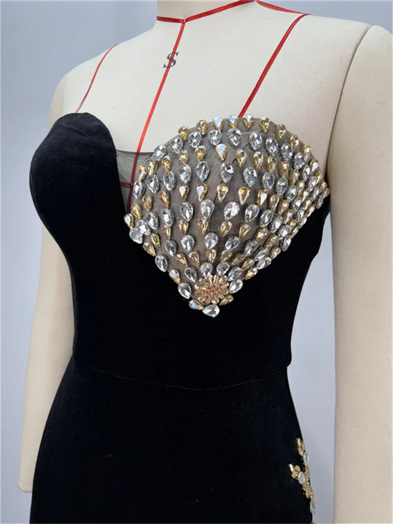 Luxury Shining Diamonds Sexy High Slit Stapless black velvet Long Dress Elegant Woman Birthday Party Dress Goddess Vestido