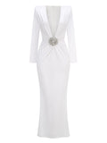 Black Maxi Dresses Women Sexy Deep V Neck Long Sleeves Gowns Runway Party Wear Spring New Fashion WHITE