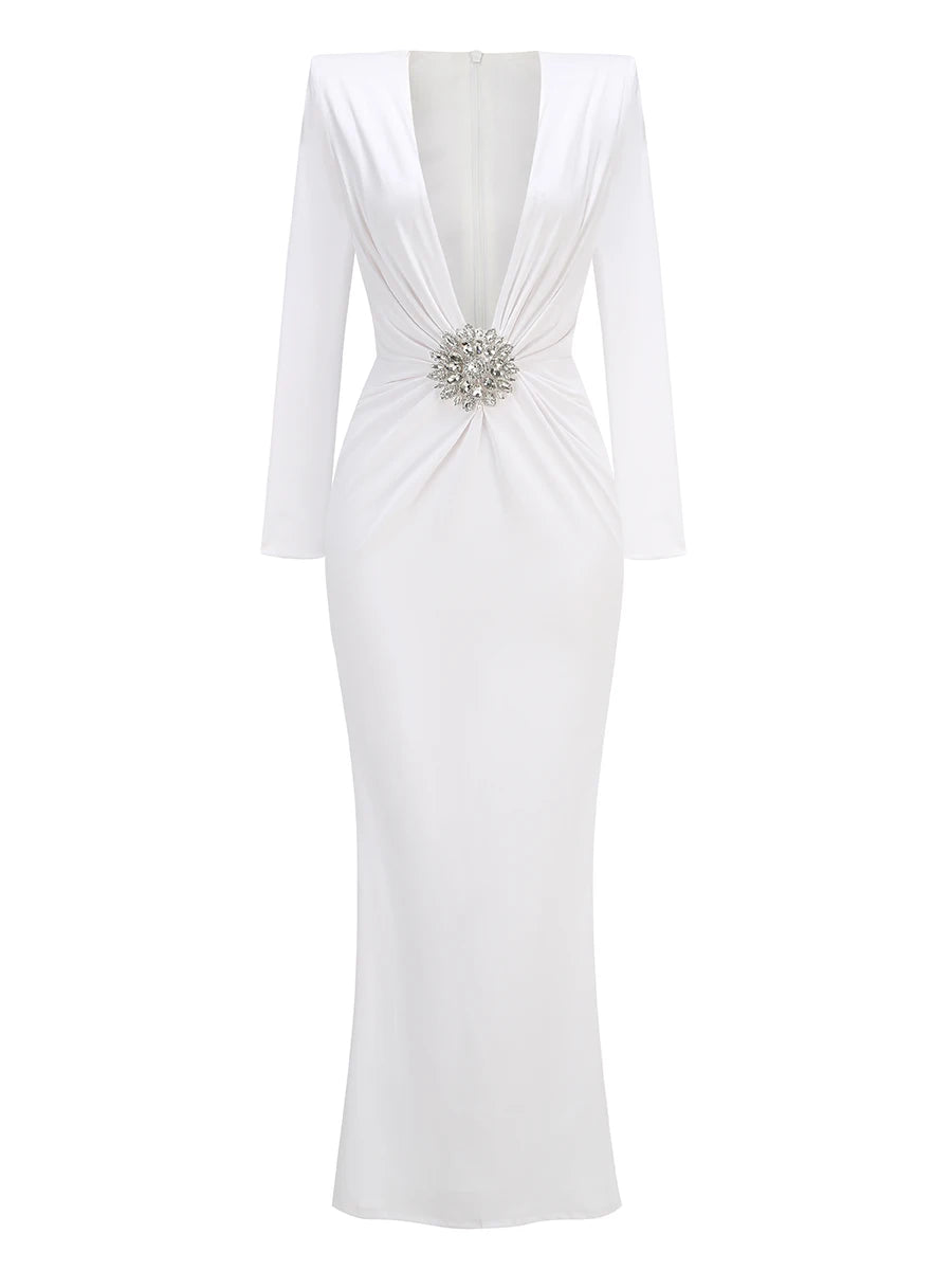 Black Maxi Dresses Women Sexy Deep V Neck Long Sleeves Gowns Runway Party Wear Spring New Fashion WHITE