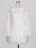 Sexy Women's Black Lace Mini Dresses O-neck Long Sleeve Bodycon Stacked Mesh Design Dress Cocktail Evening Party Vestidos WHITE