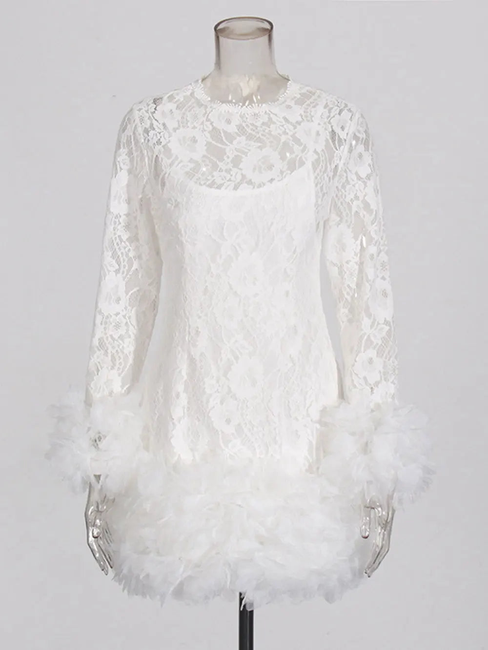 Sexy Women's Black Lace Mini Dresses O-neck Long Sleeve Bodycon Stacked Mesh Design Dress Cocktail Evening Party Vestidos WHITE