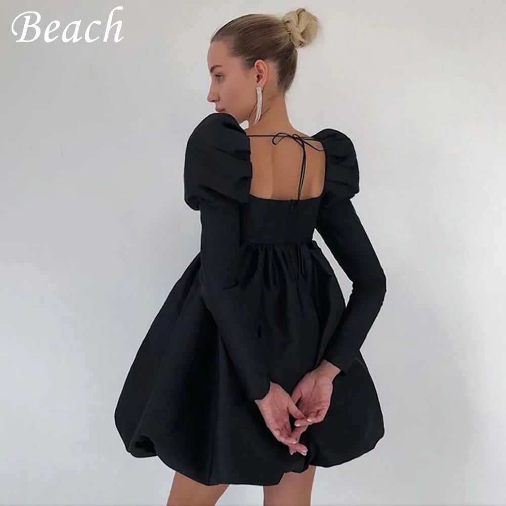 Pakaian Pakaian Perkahwinan Mini Kolar Square Beach Untuk Wanita Lengan Long Puff Pendek Gaun Pengantin Sederhana Robe De Mariee