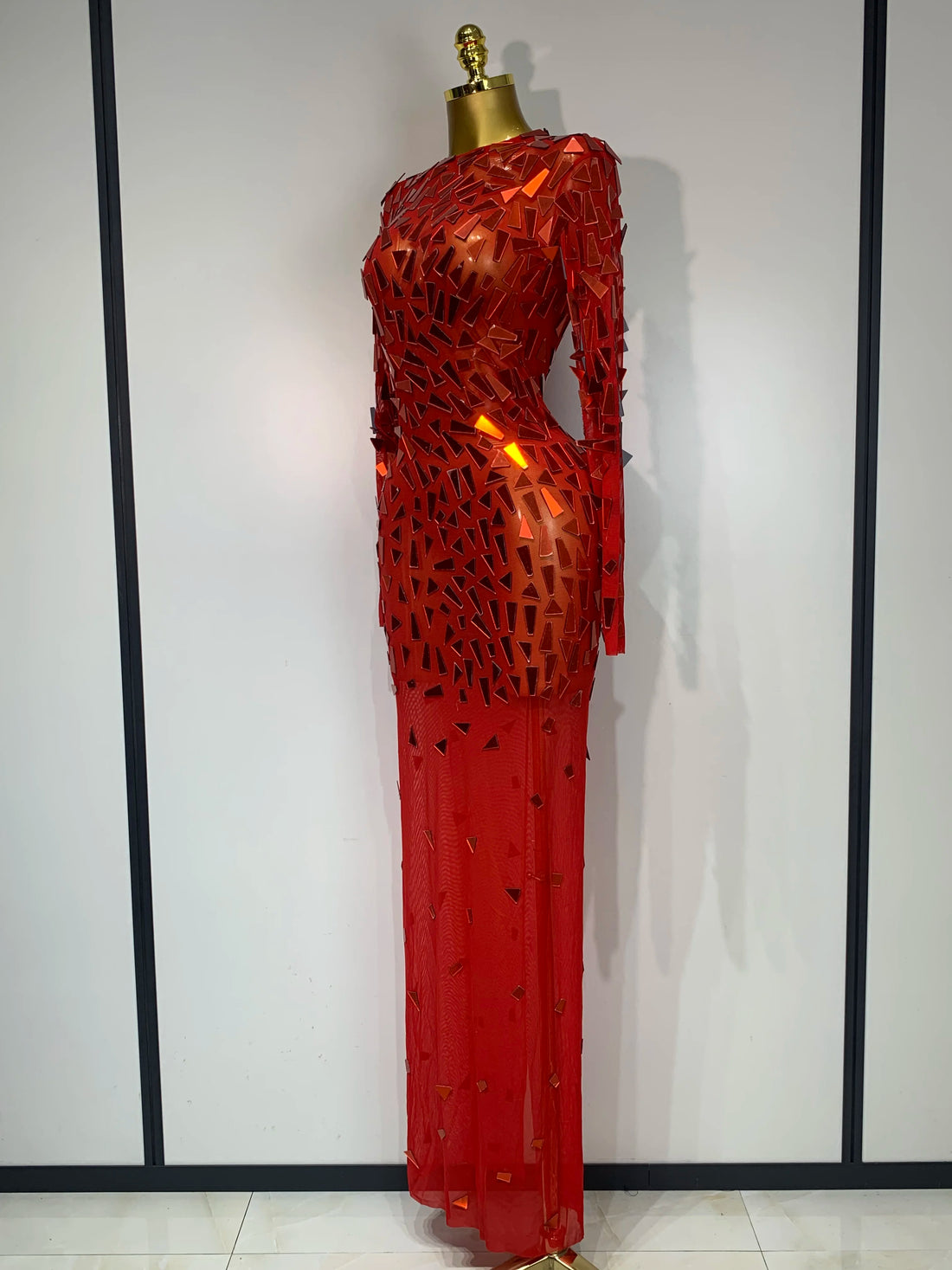 Sparkly Sequin Red Long Dress Luxury Birthday Celebrate Wedding Evening Prom Clothing Sexy Mesh See Through Strech Evening Gown Red