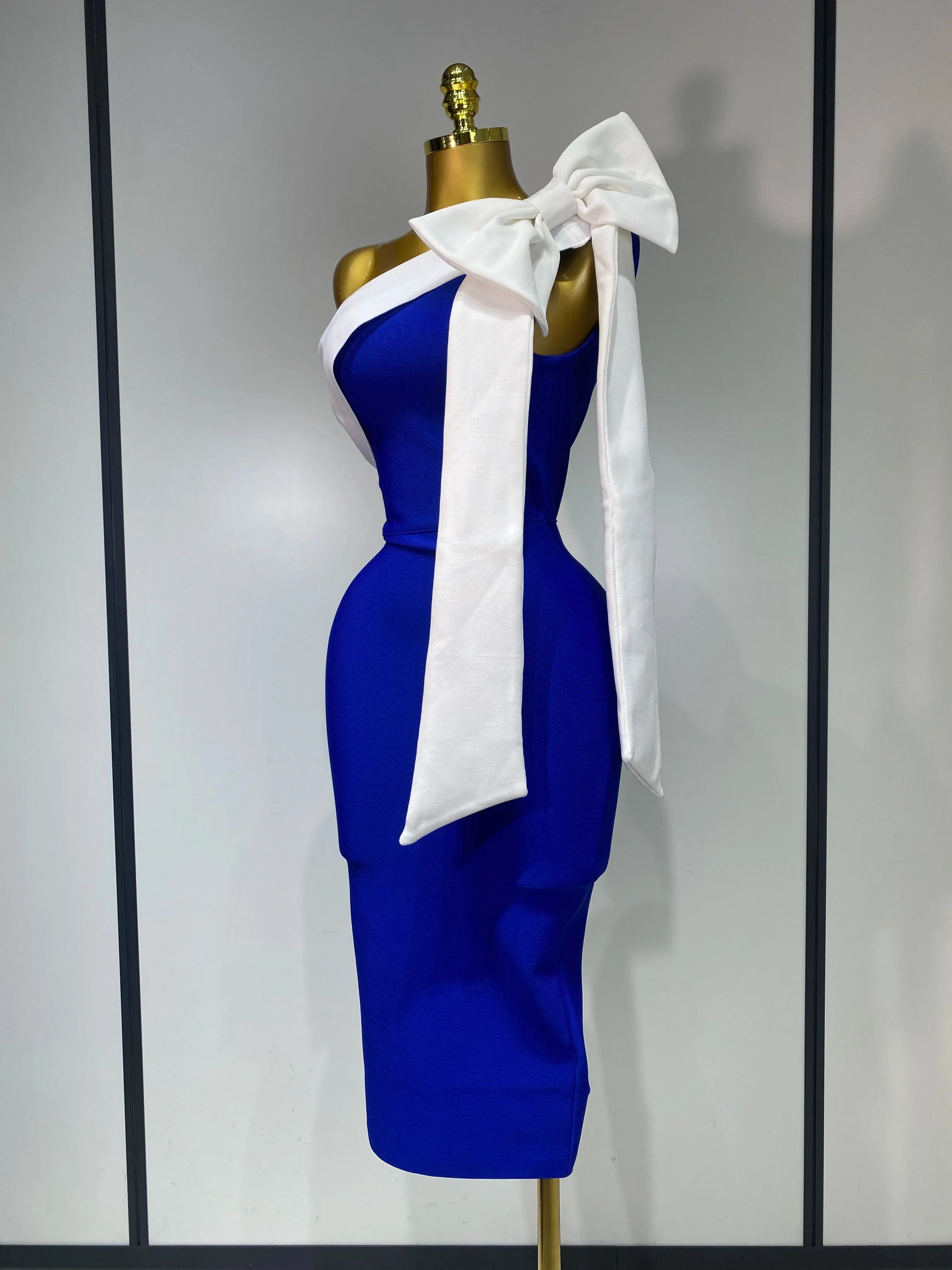 Women Sexy One Shoulder Splicing Bow Bodycon Bandaged Dress Celebrity Elegant Evening Party Luxury Birthday Banquet Dress