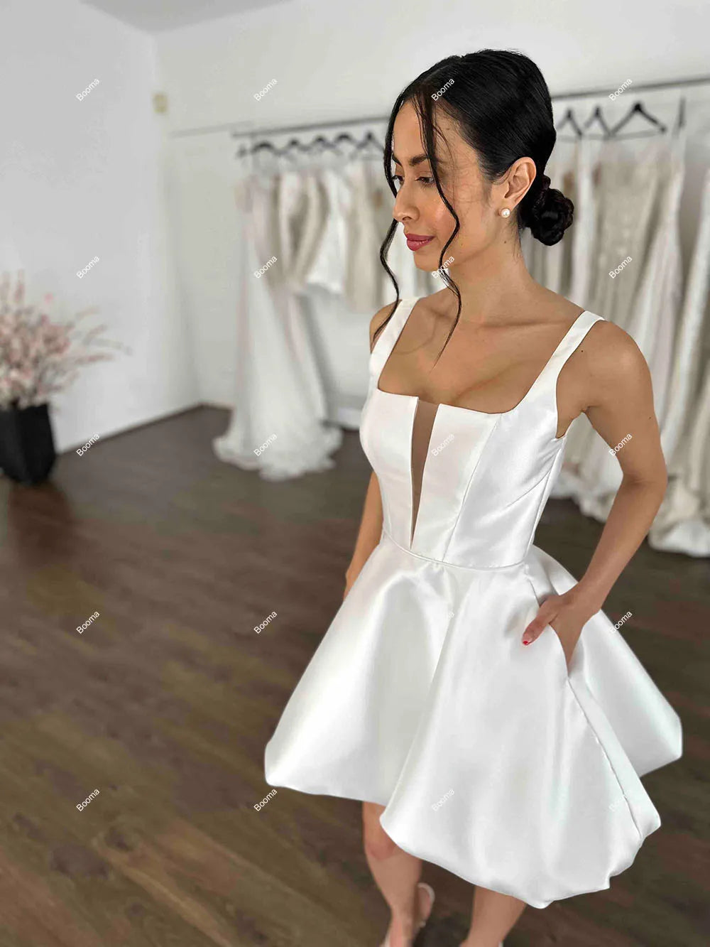 A-line kurze Hochzeitsfeier Kleidungsstücke quadratische Kragen Ärmelless Puff Slirts Bridals Kleider für Frauen oberhalb des Knie-Prom-Kleides