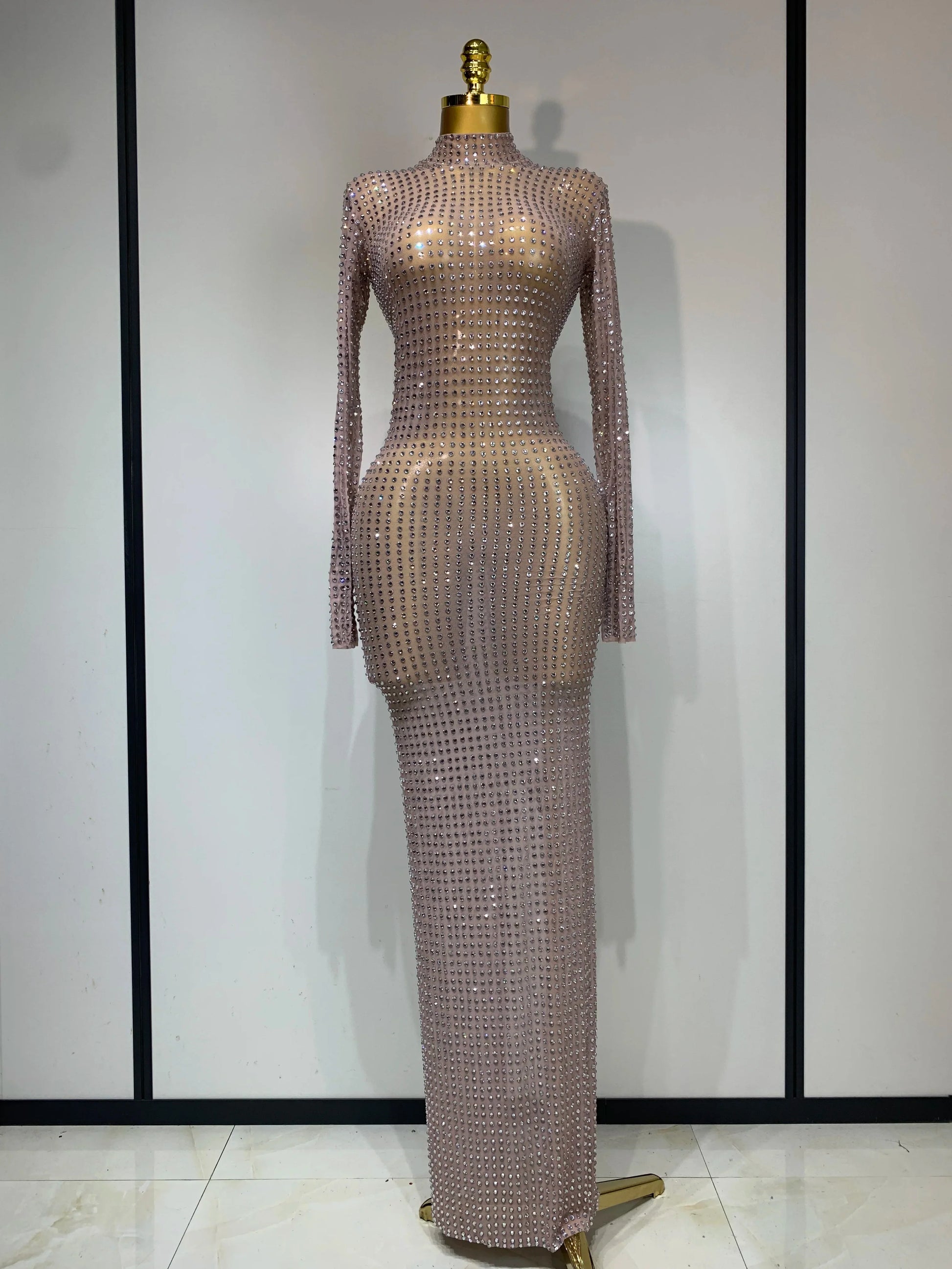 Sparkly Diamond Luxury Birthday Party Long Dress Elegant Celebrity Evening Party Nightclub Prom Dress Singer Dancer Stage Outfit High collar