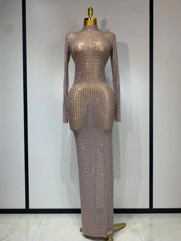 Sparkly Diamond Luxury Birthday Party Long Dress Elegant Celebrity Evening Party Nightclub Prom Dress Singer Dancer Stage Outfit High collar