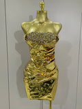Sparkly Diamonds Crystal Sexy Mesh See Through Bodycon Mini Dress Women Birthday Party Celebrate Performance Costume Gold