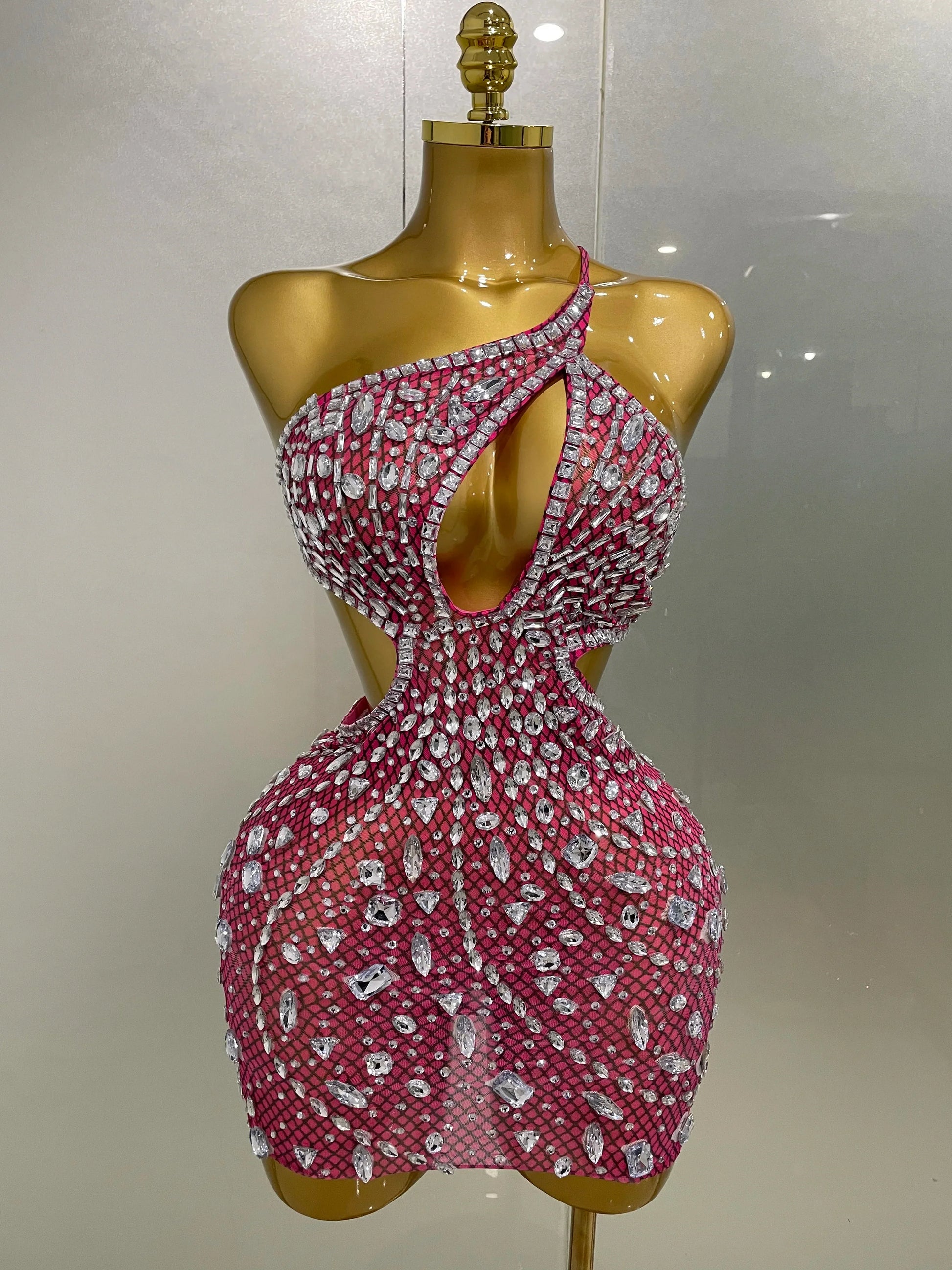 Luxury Sexy Backless Hollow Out Sparkle Diamond Evening Prom Women Birthday Celebrate Stage Nightclub Outfit Rose Red