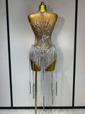Women Sexy Mesh See Through Diamonds Long Tassels Bodysuit Luxury Evening Party Bar Nightclub Stage Performance Singer Outfit