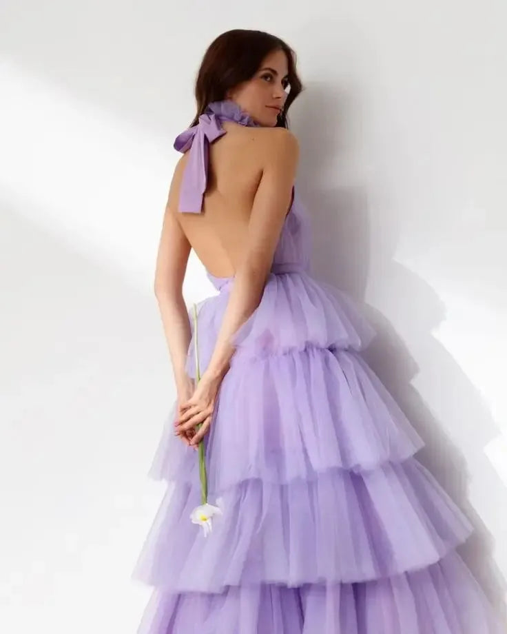 Tiered Tulle Prom Dresses High Neck Tea length A Line Formal Party Prom Gowns Sleelveless Evening Gowns Elegant lilac