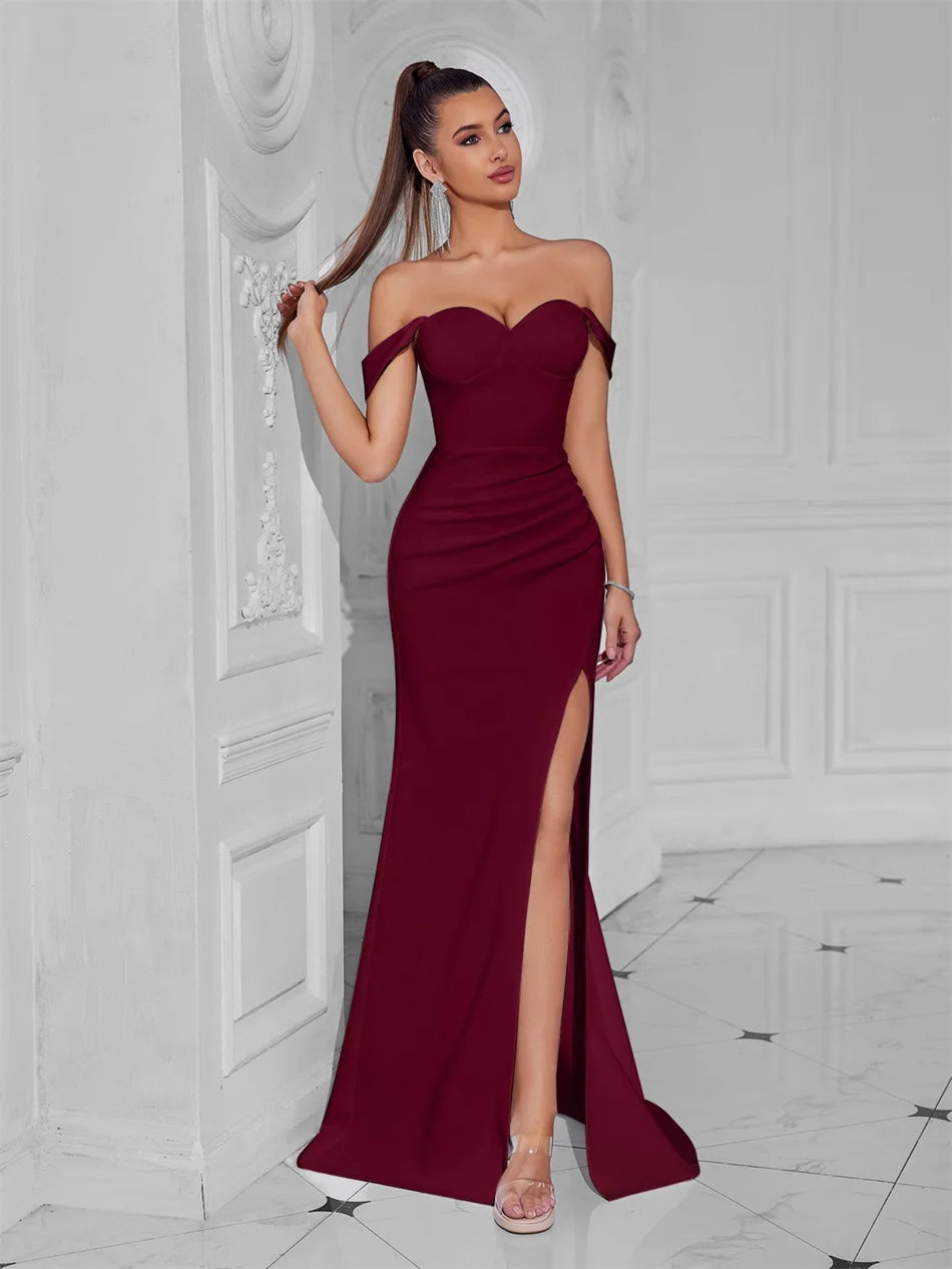 Cocktail Dress For Women Off Shoulder Sexy Floor Length Party Evening Night Outfit Club Formal Wedding Guest Maxi Gala Vestidos Claret