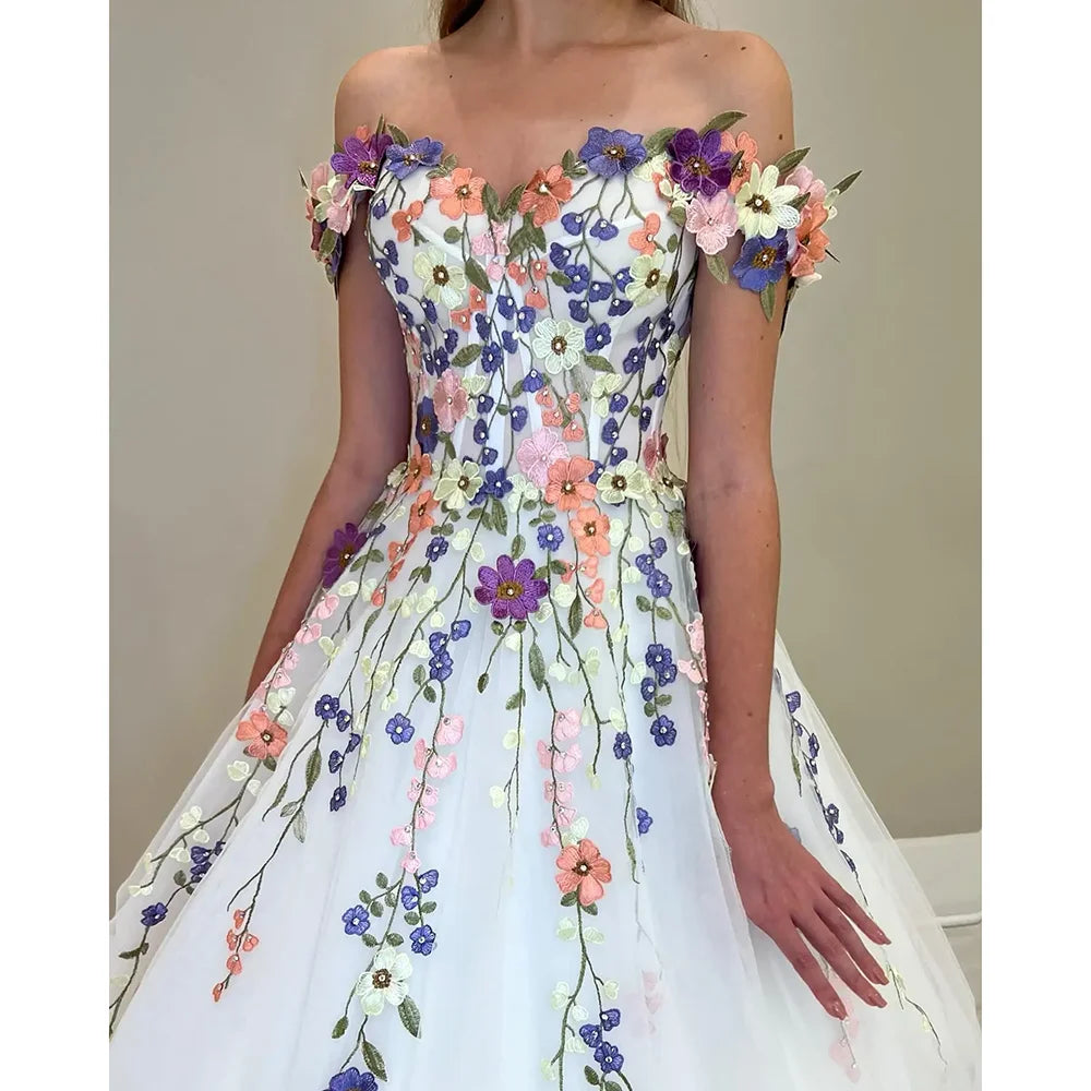 White Tulle Flowers Appliqued Prom Dress Off The Shoulder Neckline Evening Dress A Line Tulle Floor Length For Special Occasions