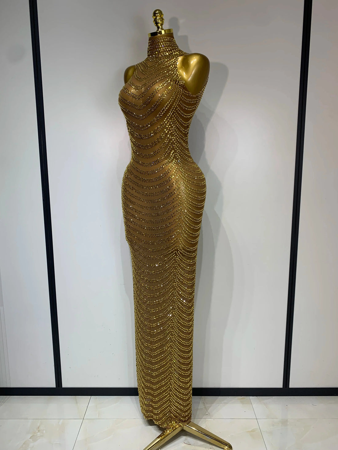 Women Sexy Sparkly Rhinestone Gold Maxi Dress Mesh See Through Evening Party Singer Stage Perform Costume Luxury Birthday Gown Gold