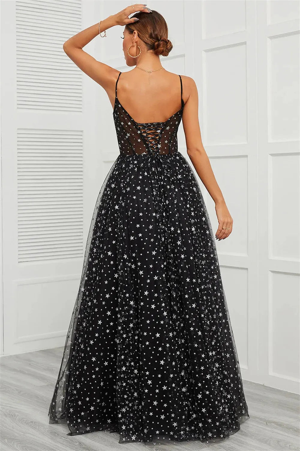 Black Spaghetti Strap Prom Dresses Star Tulle A-line vestidos de noche Elegant Sleeveless Floor-Length Formal Evening as pic
