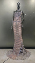 Super Shining Crystal Mesh See Through Floor Lenght Dress Woman Birthday Party Dress Stage Performances Costume Beige