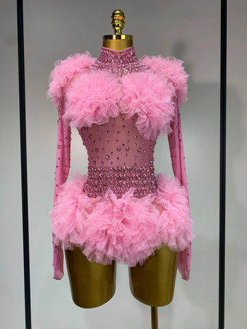 Sexy See Through Rhinestone Bodysuit Women Sexy Tight Mesh Ruffles Performance Dancer Singer Costume Nightclub Stage Outfit Pink