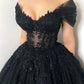 Black Evening Dress Beaded Lace Applique Off Shoulder V Neck Tulle Ball Gown Long Sweep Train Prom Gowns Elegant Woman