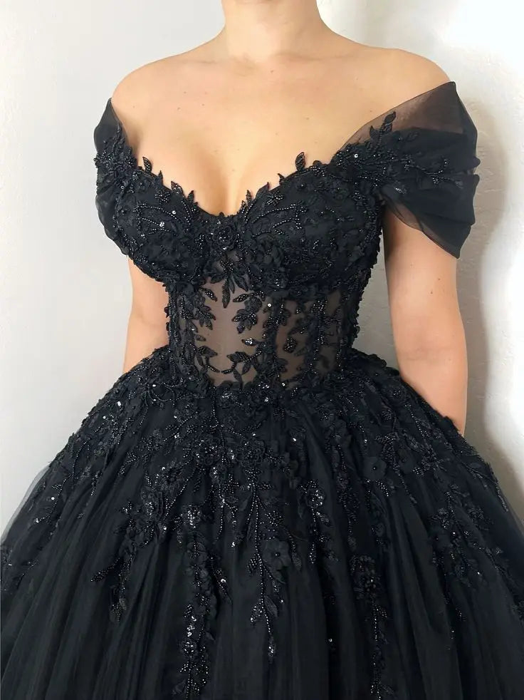 Vestido de noche negro con apliques de encaje con hombros descubiertos, cuello en V, vestido de baile de tul, tren de barrido largo, vestidos de graduación para mujer elegante