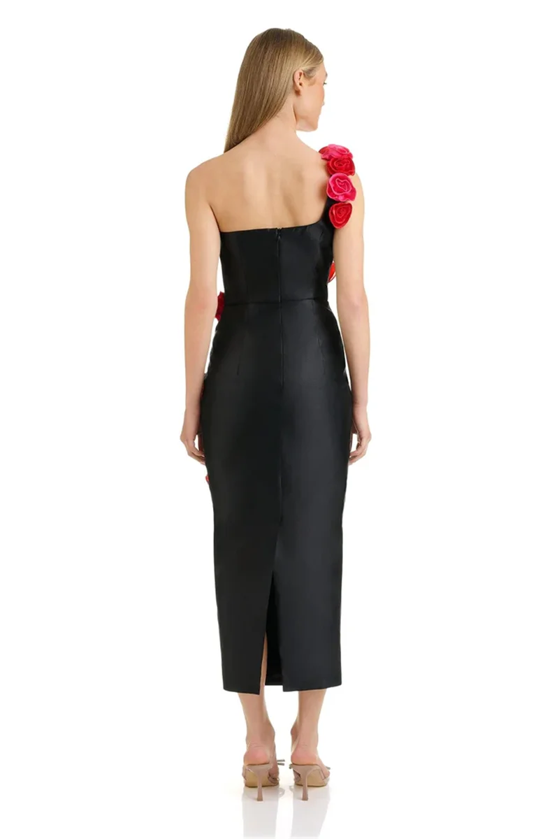 Red Flowers Strapless Black Bandage Ankle Length Dress Elegant Woman Evening Party Dress Cocktail Party Vestido