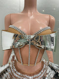 Sliver Mirror Surface Woman Set Stereoscopic Bows Strapless Tops And UFO Mini Skirt 2 Pieces Party Outfit Performance costume
