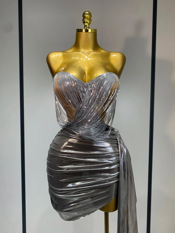 Sparkly Sequin Two Piece Set Sexy Strapless Backless Women Outfit Evening Party Nightclub Stage Performance Dance Costume Sliver