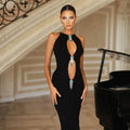 Luxury Diamonds Tassel Sexy hollow Out Black Bandage Dress Graceful Woman Evening Party Vestido Celebrate Party Outfit