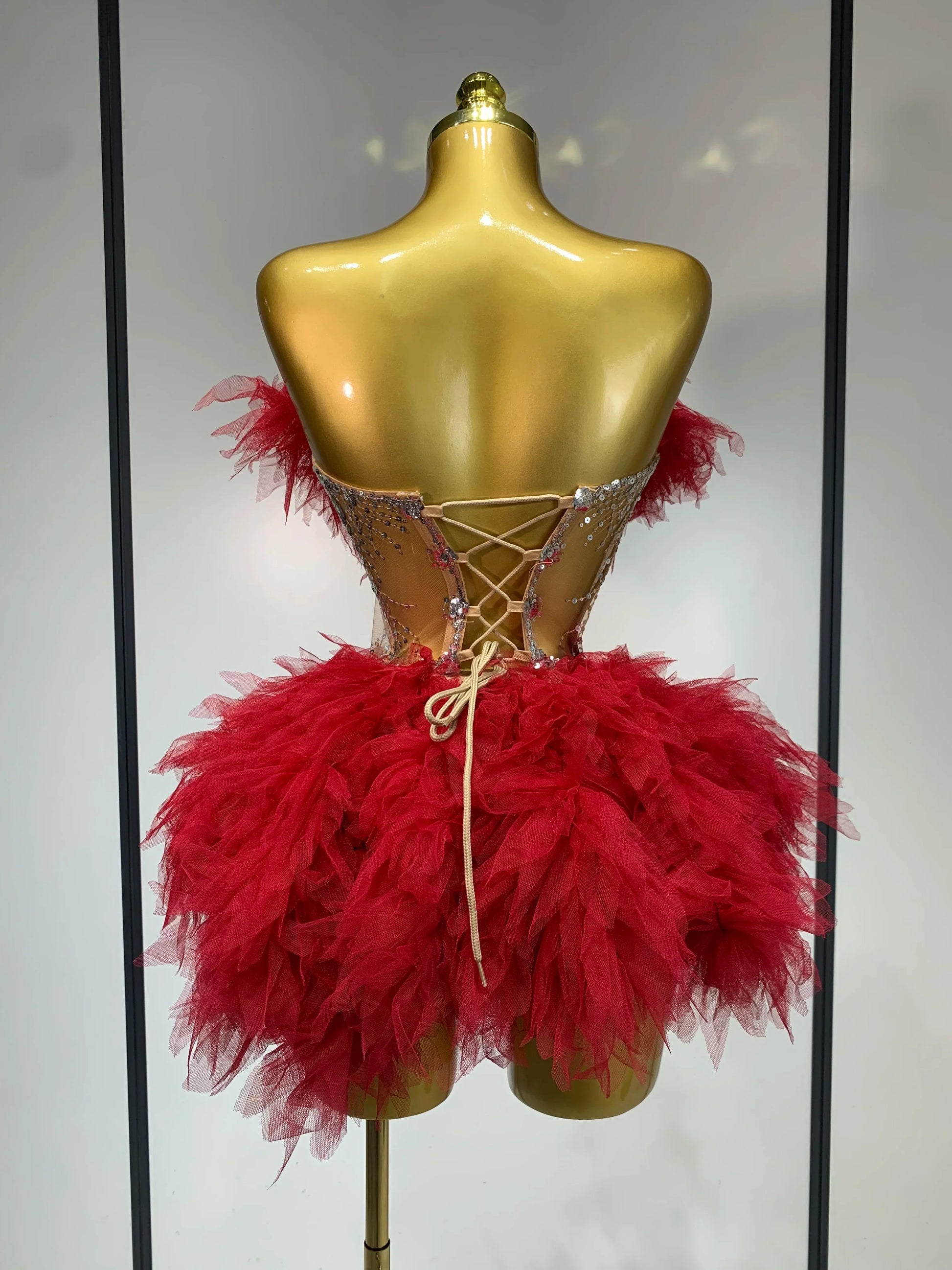 Sexy Strapless Red Mesh Two Pieces Set Singer Nightlcub Party Stage Outfit Photo Shoot Prom Gown Luxury Birthday Dresses