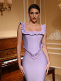 Purple Color Women Sleeveless Sexy Square Collar Ruffles Bodycon Long Bandage Dress Elegant Evening Party Cocktail Outfit