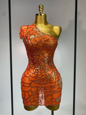 Women Sexy Mesh See Through One Shoulder Rhinestones Stage Costume Singer Nightclub Evening Party Luxury Birthday Mini Dresses Orange
