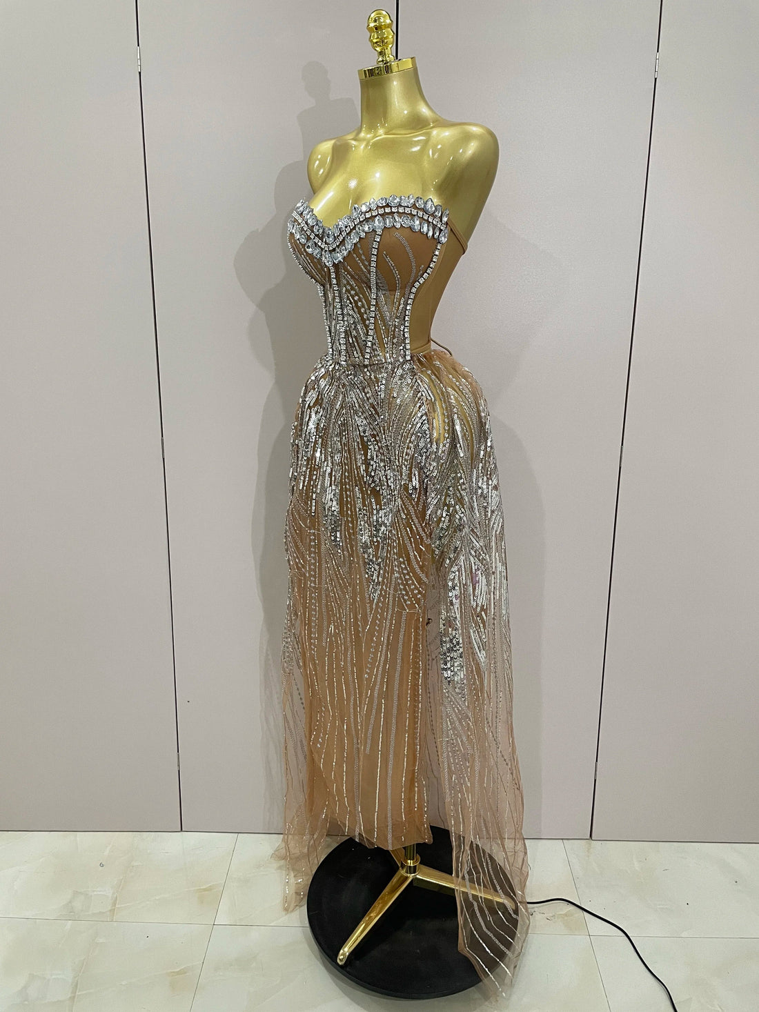 Sparkly Rhinestone Sequins Sexy Strapless See-Through Long Dress Women Evening Birthday Party Dress Nightclub Stage Costume Silver