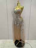 Sparkly Rhinestone Sequins Sexy Strapless See-Through Long Dress Women Evening Birthday Party Dress Nightclub Stage Costume