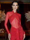 Bright Red Ruched Long Dress Diamonds Embellished Long Sleeve Mesh Patchwork Draped Celebrity Evening Party Gown