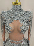 Women Sparkly Rhinestone Sequin Tassel Stretch Bodysuits Birthday Party Nightclub Dj Stage Performance Costume