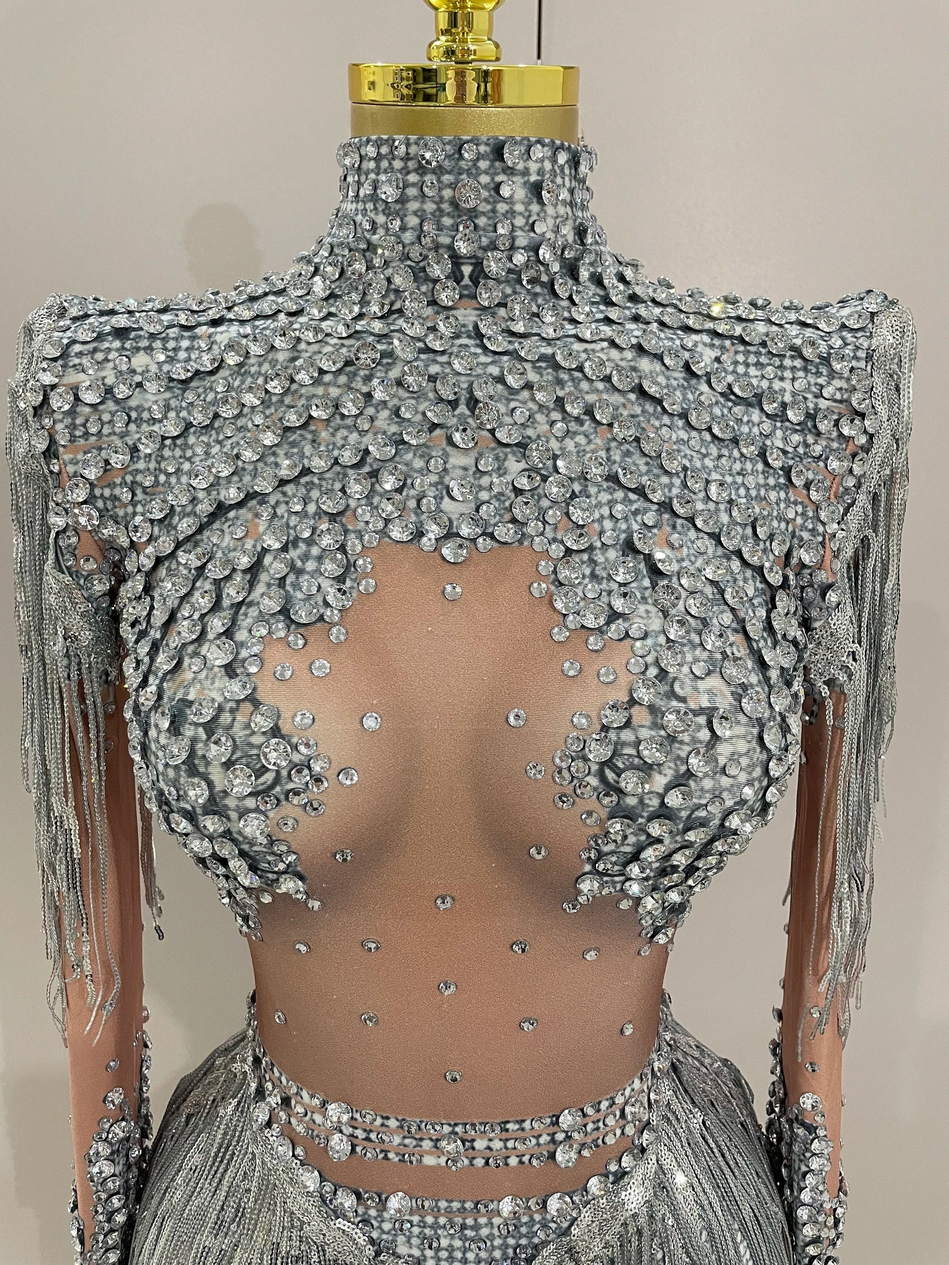 Women Sparkly Rhinestone Sequin Tassel Stretch Bodysuits Birthday Party Nightclub Dj Stage Performance Costume