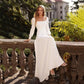 Simple White Wedding Dress Square Collar Long Sleeve A Line For Bride Classic Back With Button Vestido Casamento Civil Customize