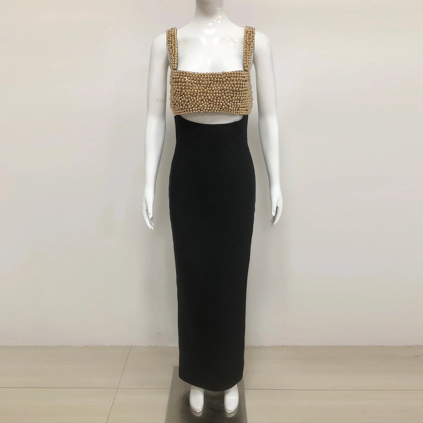 Golden Beading Sexy Hollow Out Black Bandage Ankle Length Dress Fashion Woman Evening Party Dress Celebrity Party Vestido