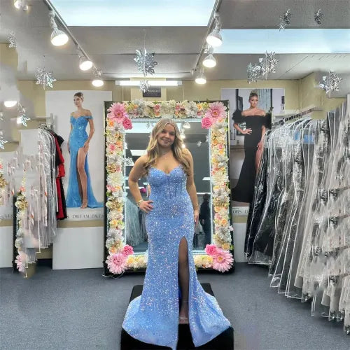 Shiny Sequins Glitter Prom Dress Heart Neck Sleeveless Mermaid Vestidos De Fiesta Sexy Side High Split Graduation Ball as pic