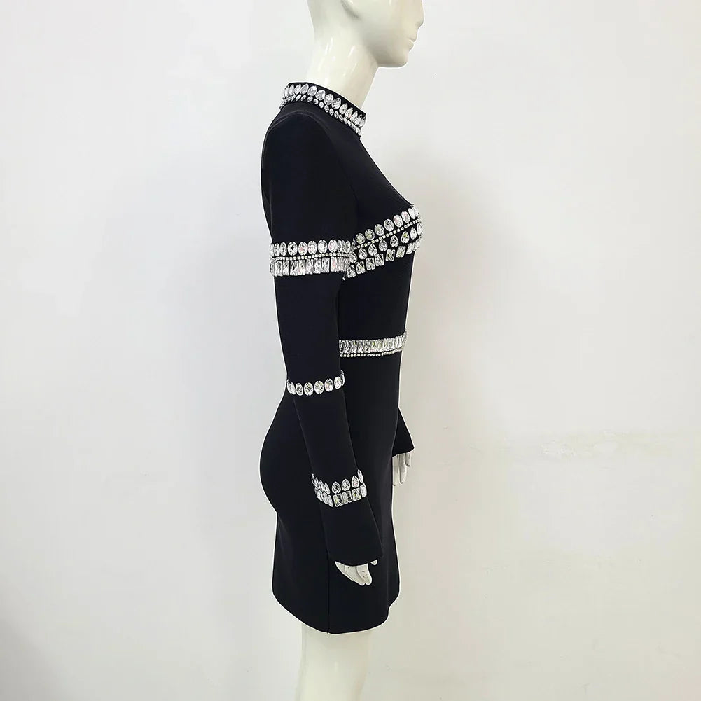 Winter Sparkling Diamonds Half High Collar Black Mini Bandage Dress Fashion Woman Evening Party Outfit