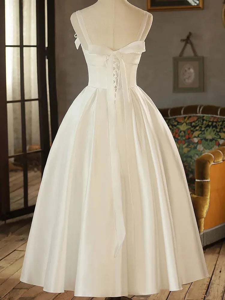 White Satin Wedding Dresses for Bride Elegant Korean Simple Bow Tie Long Prom Evening Party Women Summer Dress Formal vestidos White