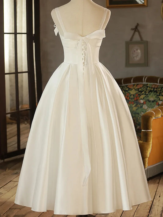 White Satin Wedding Dresses for Bride Elegant Korean Simple Bow Tie Long Prom Evening Party Women Summer Dress Formal vestidos