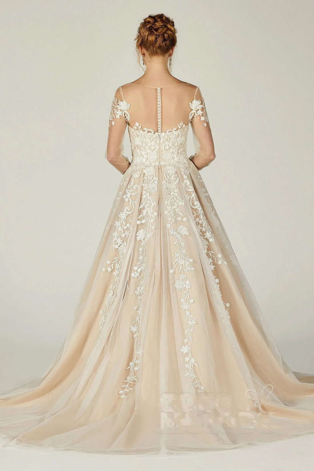 Sheer Illusion Long Sleeves Lace Applique Tulle A Line Wedding Dresses Court Train Custom Made Vestido De Morrie Ivory