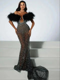 Luxury Feather Dazzling Diamonds Sexy Mesh See Through Black Floor Length Dress Goddess Evening Party Dress Red Carpet Vestido black