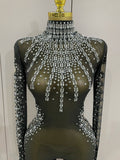Sexy Sparkly Crystals Black Mesh Jumpsuit With Gloves Women Celebrate Birthday Party NightClub Singer Dance Stage Costumes